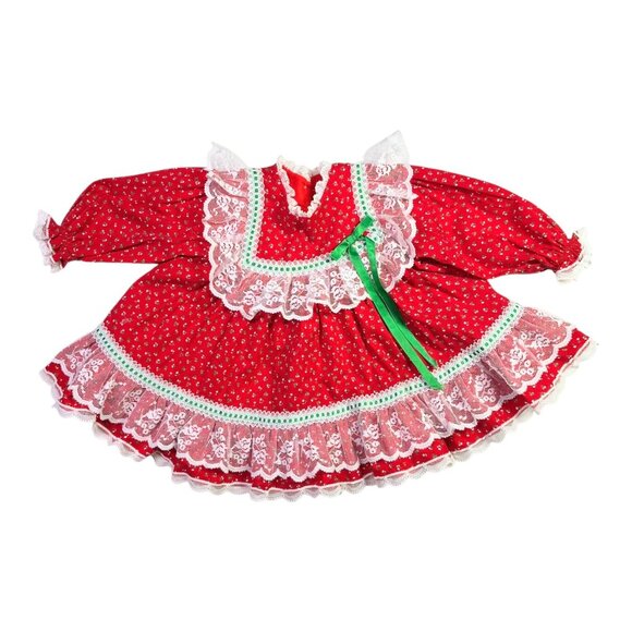 Vintage Bryan Size 12M Frilly Red Dress Lace Green Trim - Picture 3 of 11